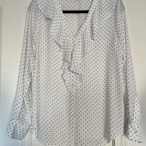 Ann Taylor Factory White Ruffled V Neck with Polka Dots Blouse